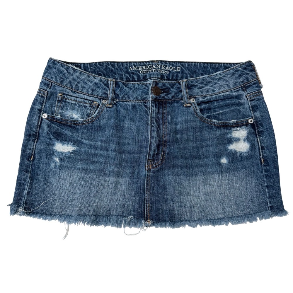 American Eagle Low Rise Distressed Denim Mini Skirt 12 2014 McBling y2k Micro